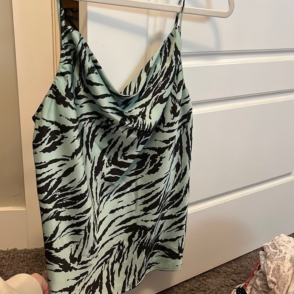 Mint green and black zebra-ish print cowl neck tank